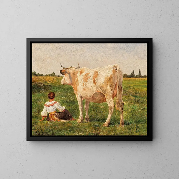 Hungarian Steppe Cattle Painting in the Meadow - Carl Rudolf Huber — framed artwork on a wall