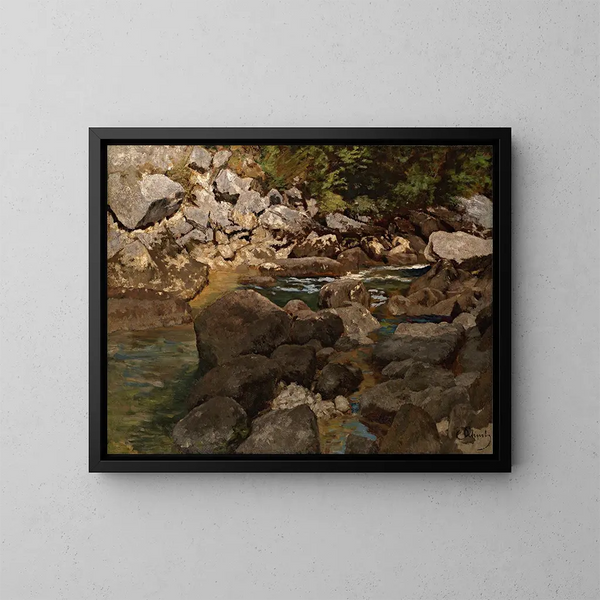 Mountain stream with rocks - Carl Schuch — framed artwork on a wall