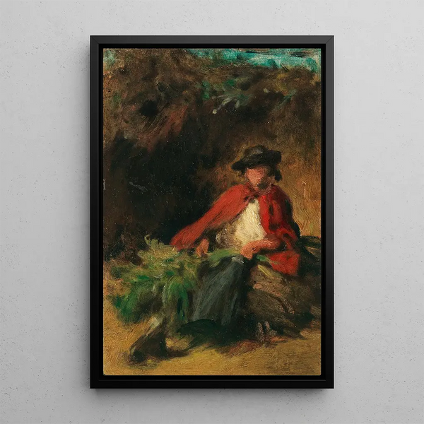 Reproducción del cuadro Joven mujer sentada con un abrigo rojo, un liebre delante de ella - Carl Spitzweg