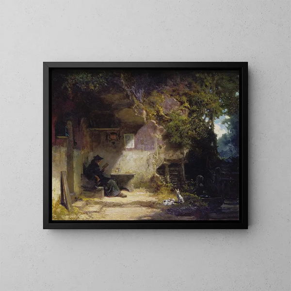 El ermitaño frente a su retiro - Carl Spitzweg — cuadro enmarcado en la pared