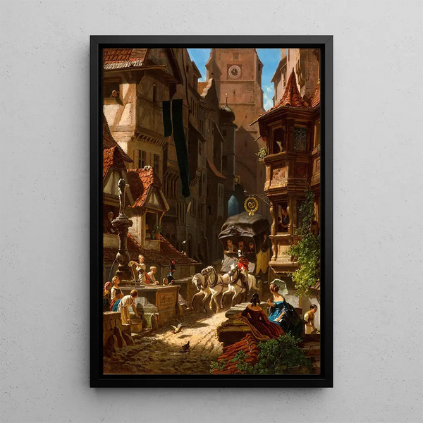 L'arrivée de la diligence - Carl Spitzweg — cuadro enmarcado en la pared