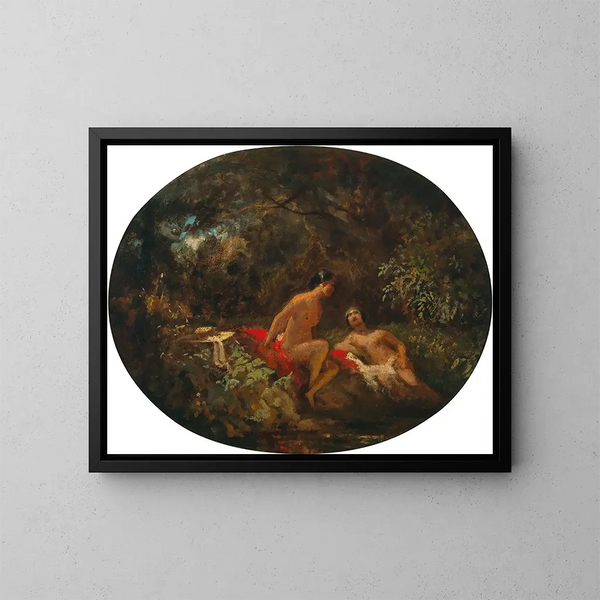 Mujeres bañándose en un estanque forestal - Carl Spitzweg — cuadro enmarcado en la pared
