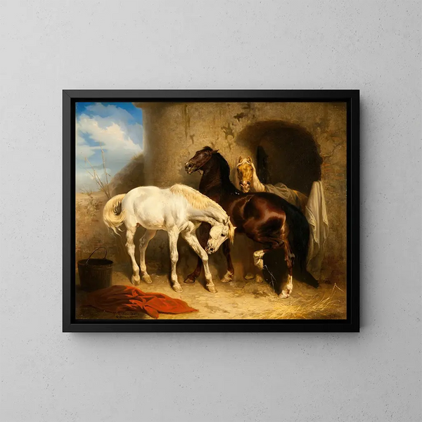Caballos en el establo - Carl Wahlbom — cuadro enmarcado en la pared