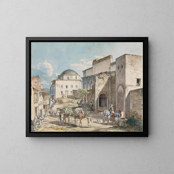 Departure in Athens with Hadji Hazekis Palace and Tzistarakis Mosque - Carl Wilhelm von Heideck — framed artwork on a wall