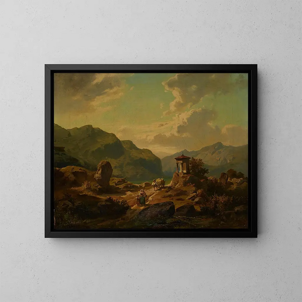 Mountain landscape painting with lake - Carlo Brioschi — framed artwork on a wall