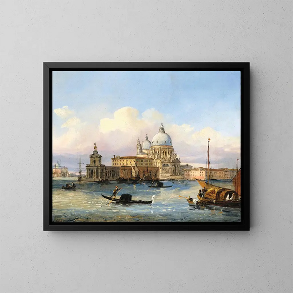 Venice painting, the entrance of the Grand Canal with Santa Maria della Salute and Punta della Dogana - Carlo Grubacs — framed artwork on a wall