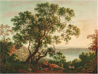 Carlo Labruzzi - The Lago Nemi at twilight with figures and a flock of goats resting in the foreground.webp