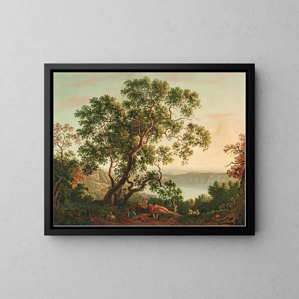 The Lake Nemi at twilight with figures and a flock of goats resting in the foreground - Carlo Labruzzi — framed artwork on a wall