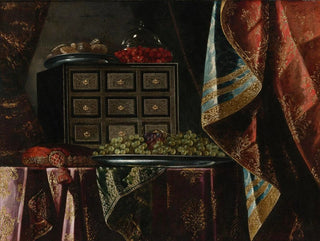 Carlo Manieri - STILL LIFE OF A CHEST FRUIT AND OTHER OBJECTS ON A BROCADE DRAPED TABLE.webp
