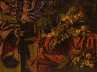 Carlo Manieri - Still life of fruit set on a ledge draped with brocade.webp