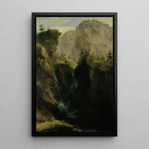 Canyon with waterfall - Caspar Wolf — framed artwork on a wall