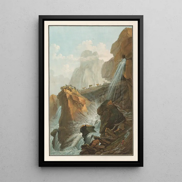 View of the Waterfall of Gelten - Caspar Wolf — framed artwork on a wall