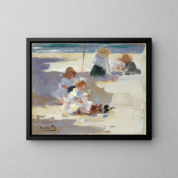 Jugar en la playa - Cecilio Pla y Gallardo — cuadro enmarcado en la pared