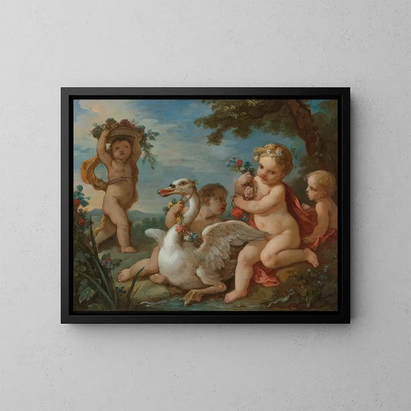 Putti ornant un cygne d'une guirlande de fleurs - Charles-Joseph Natoire — framed artwork on a wall