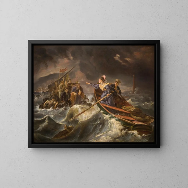 Grace Darling y su padre salvando a los supervivientes del naufragio del Forfarshire en las islas Farne, 7 de septiembre de 1838 - Charles Achille d'Hardiviller — cuadro enmarcado en la pared