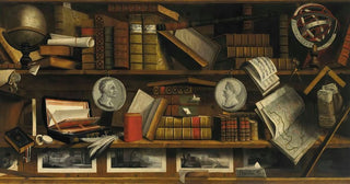 Charles Bouillon - A trompe loeil of a collectors study with engravings drawings letters and books.webp
