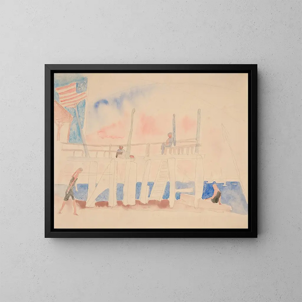 Quai con cuatro figuras - Charles Demuth — cuadro enmarcado en la pared