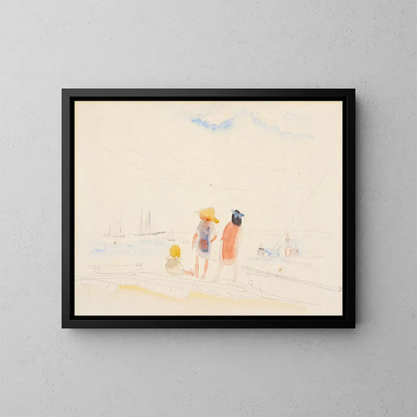 Two women and a child on the beach - Charles Demuth — framed artwork on a wall