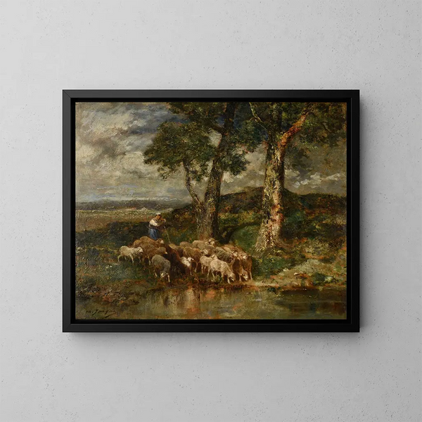 Ovejas en el abrevadero - Charles Émile Jacque — cuadro enmarcado en la pared