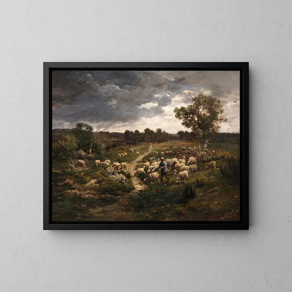 ovejas y gallinas en un establo - Charles Émile Jacque — cuadro enmarcado en la pared