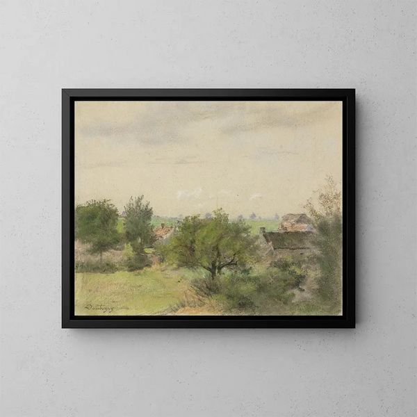 Paisaje con casas entre árboles - Charles François Daubigny — cuadro enmarcado en la pared