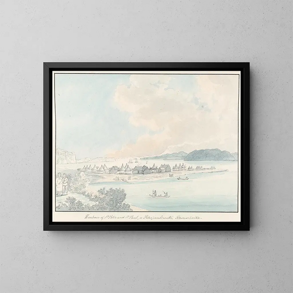 View of the city and port of Saint-Pierre and Saint-Paul in Kamchatka - Charles Hamilton Smith — framed artwork on a wall