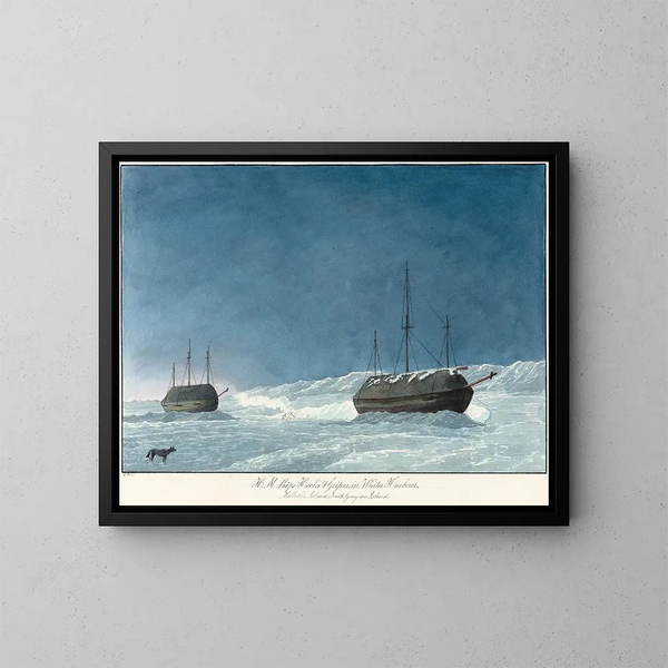 Les navires H M Hecla et Griper dans le port d'hiver - Charles Hamilton Smith — framed artwork on a wall