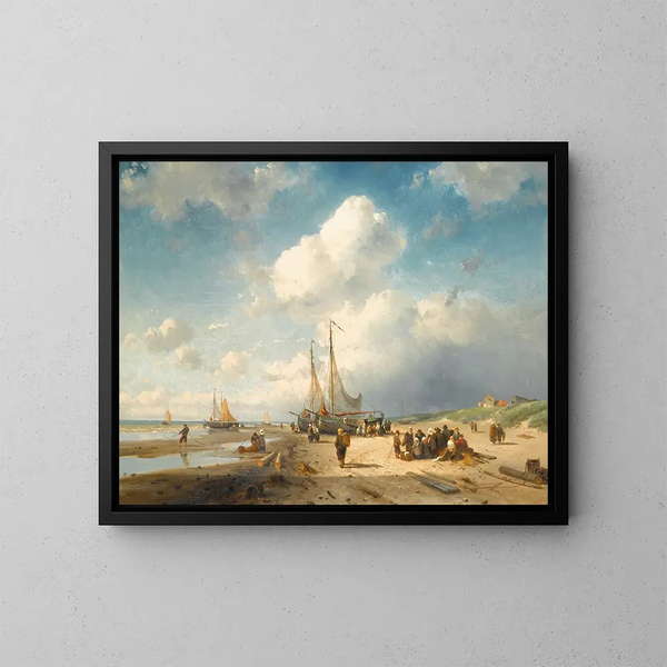 Coastal scene painting with fishermen - Charles Leickert — framed artwork on a wall