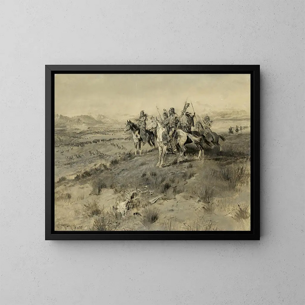 Antes de la llegada del hombre blanco, caza india - Charles Marion Russell — cuadro enmarcado en la pared