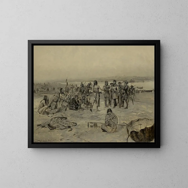 Encuentro de Lewis y Clark con los Mandans - Charles Marion Russell — cuadro enmarcado en la pared
