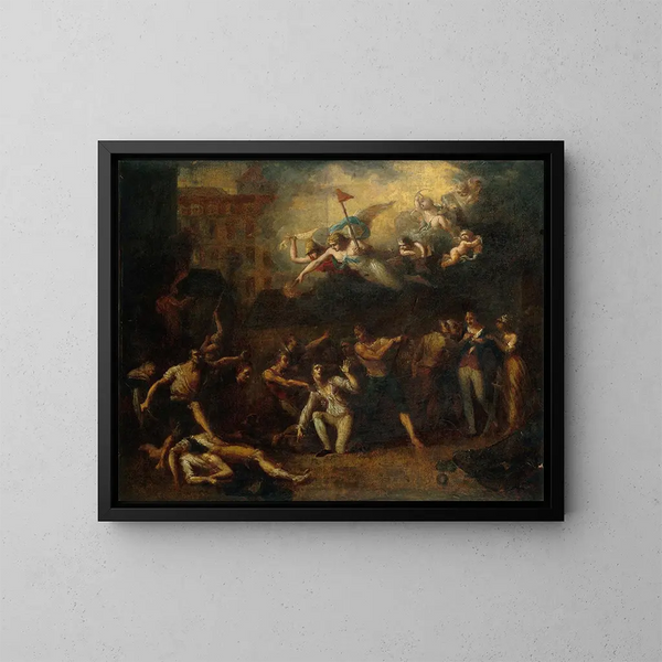 la Muerte de M. de Pelleport que se interponía para salvar a M. de Losme, oficial de la Bastilla, frente al Ayuntamiento, el 14 de julio de 1789, Revolución - Charles Thévenin — cuadro enmarcado en la pared
