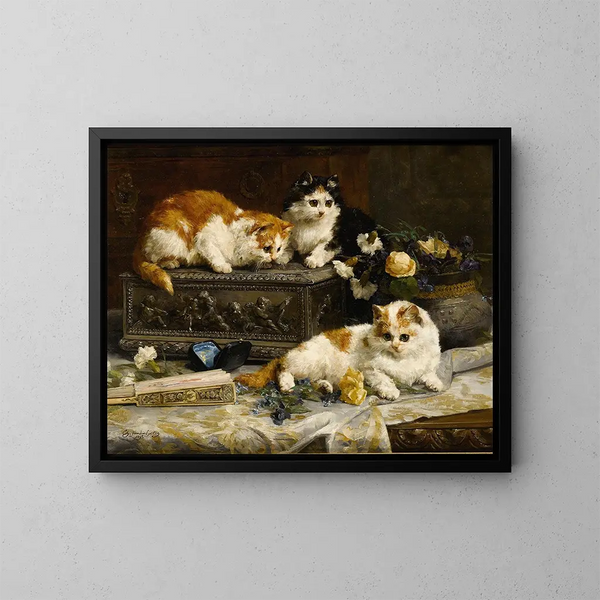 Tres gatitos vigilantes - Charles Van Den Eycken — cuadro enmarcado en la pared
