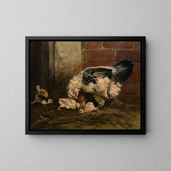 Gallina con polluelo - Charles Verlat — cuadro enmarcado en la pared