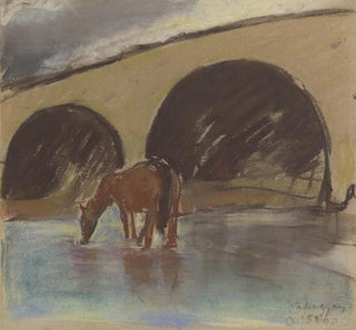 Cheval arrosant buvant d'une rivière sous un pont en arc - Zolo Palugyay