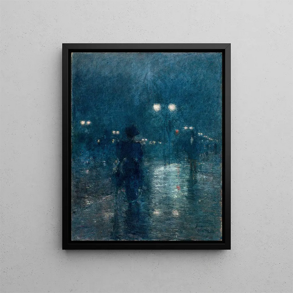 Nocturne Painting of Fifth Avenue - Childe Hassam — framed artwork on a wall