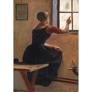 Christen Dalsgaard - A Young Girl in Jutland Writing her Beloveds Name on a Misty Window.webp