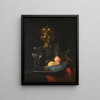 Christiaen Striep - Still life with a gilt cup on a silver plate a porcelain bowl with fruit a roemer and a wine glass all on a wooden table draped in red fabric.webp