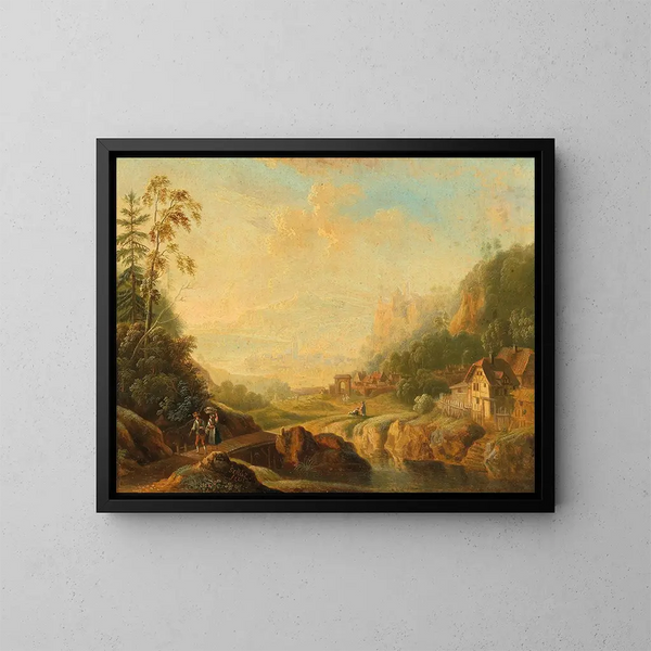 Un vasto paisaje fluvial con errantes - Christian Georg Schütz el Joven — cuadro enmarcado en la pared