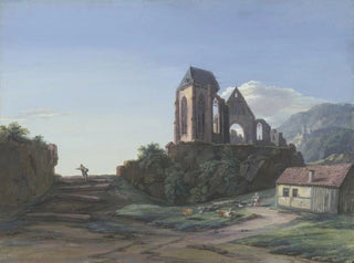 Christian Georg Schtz the Younger - Eine gotische Kirchenruine im Hintergrund eine Burg vorne bei einer Htte Schafe eine Ziege und ein Kind das Hhner fttert links ein Mann mit einem Korb.webp