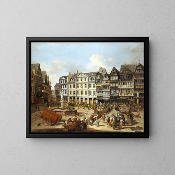 a market on the Römerberg in Frankfurt - Christian Georg Schütz l'Ancien — framed artwork on a wall