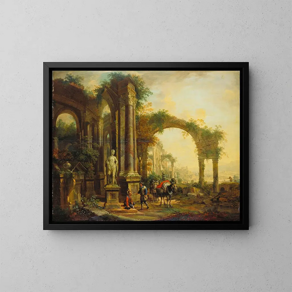 Landscape with ancient ruins and two pack mules - Christian Georg Schütz the Elder — framed artwork on a wall