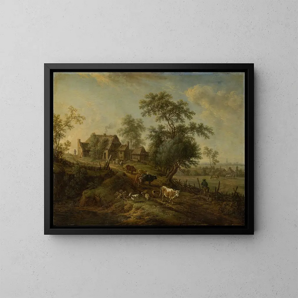 Landscape with Farm Animals on a Road - Christian Georg Schütz the Elder — framed artwork on a wall