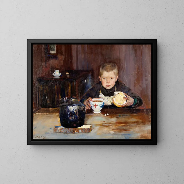 Niño de compras bebiendo café - Christian Krohg — cuadro enmarcado en la pared