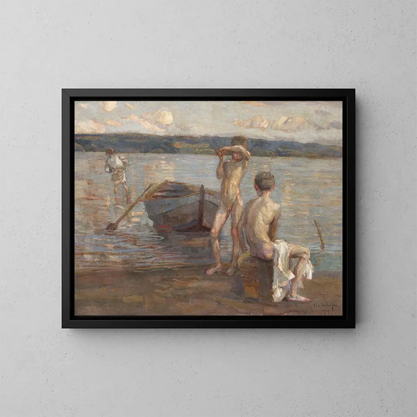 Boys swimming at the edge of the lake - Christian Landenberger — framed artwork on a wall