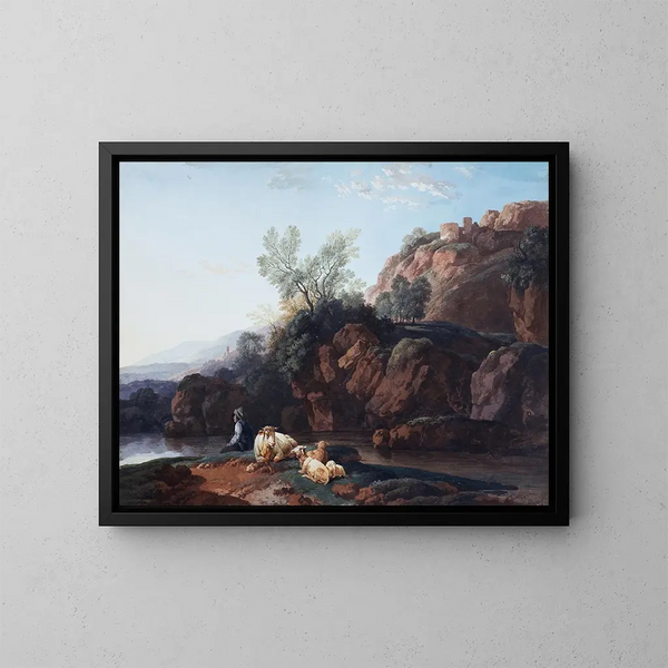 Landscape with Rocky Riverbank near a River - Christian Wilhelm Ernst Dietrich — framed artwork on a wall