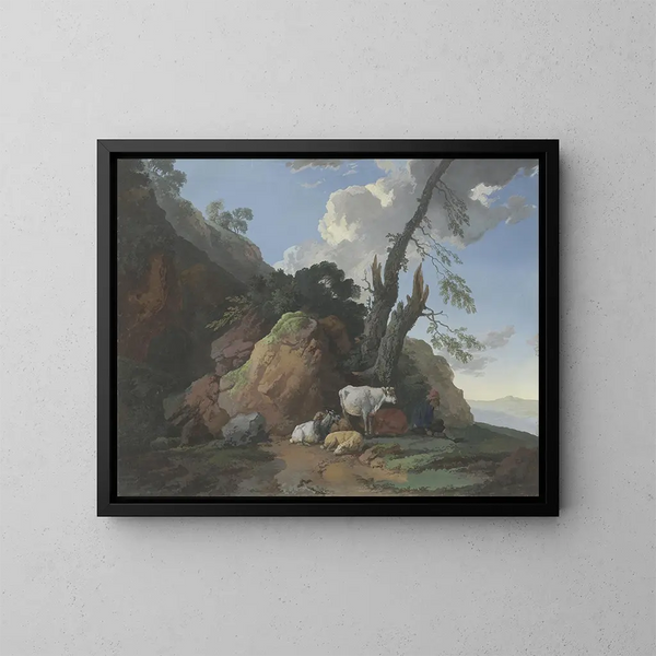 Landscape painting with a shepherd, two goats, two sheep, and a goat - Christian Wilhelm Ernst Dietrich — framed artwork on a wall