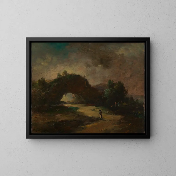 Landscape painting with a rocky arch covered with bushes - Christian Wilhelm Ernst Dietrich — framed artwork on a wall