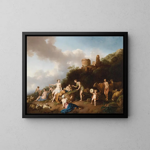 Pastoral landscape with Diana and her nymphs - Christian Wilhelm Ernst Dietrich — framed artwork on a wall