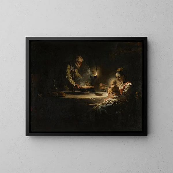 an interior scene with the Holy Family at the table - Circle of Jean-Honoré Fragonard — framed artwork on a wall