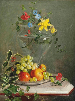 Circle of Franz Xavier Petter - Holly ivy grapes apples and oranges in a bowl by a vase of flowers including daffodils and phlox on a marble ledge.webp